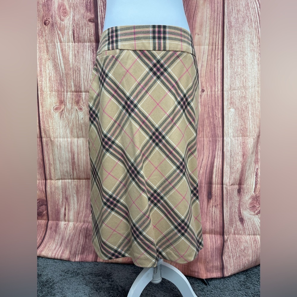 Lands’ End Tan black pink plaid wool blend knee length A-line skirt size 10 - Picture 4 of 16